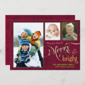 Merry & Bright 3-Photo Flat Card Cranberry Red Feestdagenkaart (Voorkant / Achterkant)