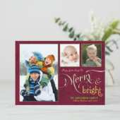 Merry & Bright 3-Photo Flat Card Cranberry Red Feestdagenkaart (Staand voorkant)