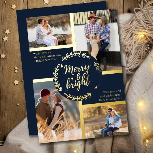 Merry & Bright 4 Foto Collage Dark Blue en Gold Folie Feestdagenkaart