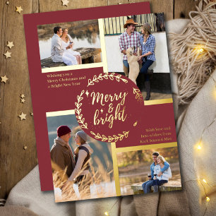 Merry & Bright 4 Foto Collage Dark Red en Gold Folie Feestdagenkaart