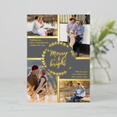 Merry & Bright 4 Foto Collage Gray en Gold Folie Feestdagenkaart (Staand Voorkant)