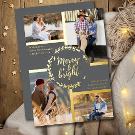 Merry & Bright 4 Foto Collage Gray en Gold Folie Feestdagenkaart