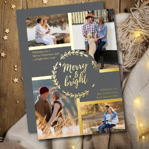 Merry & Bright 4 Foto Collage Gray en Gold Folie Feestdagenkaart