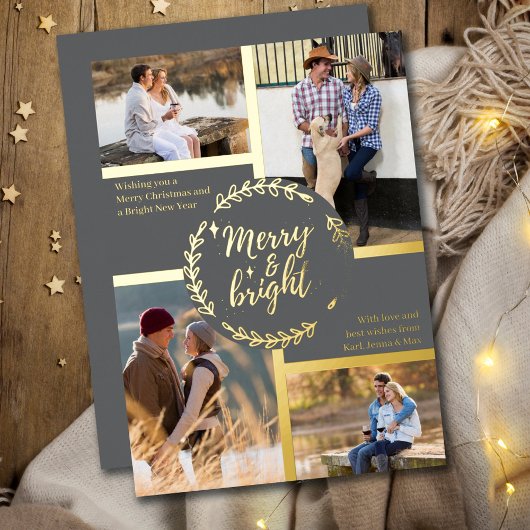 Merry & Bright 4 Foto Collage Gray en Gold Folie Feestdagenkaart