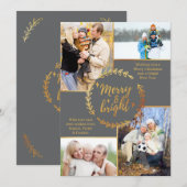 Merry & Bright 4 Foto Collage Grey Gold Kerstmis Feestdagenkaart (Voorkant / Achterkant)