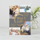 Merry & Bright 4 Foto Collage Grey Gold Kerstmis Feestdagenkaart (Staand voorkant)