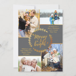 Merry & Bright 4 Foto Collage Grey Gold Kerstmis Feestdagenkaart
