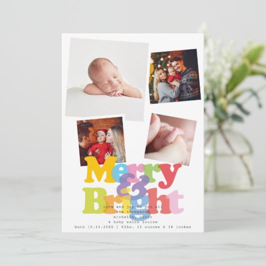 Merry Bright 4 Foto Kerst Geboorte Aankondiging (Staand voorkant)