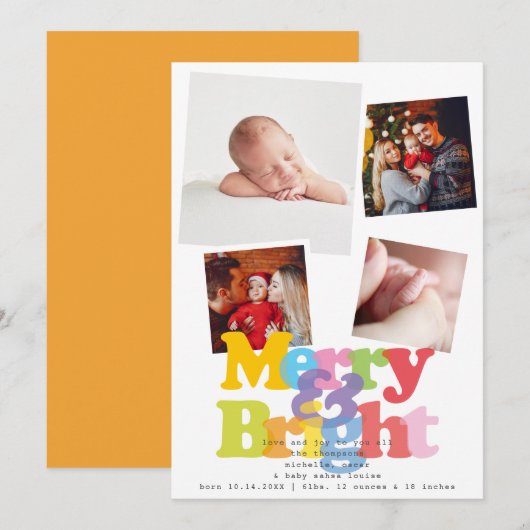 Merry Bright 4 Foto Kerst Geboorte Aankondiging (Voorkant / Achterkant)