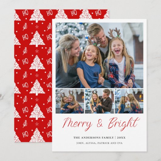 Merry & Bright 4 foto's collage Familie Kerstmis Feestdagenkaart (Voorkant / Achterkant)