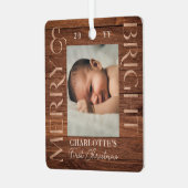 Merry Bright Baby 1e Kerstfoto Houtkorrel Metalen Ornament (Voorkant links)