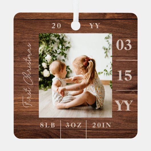 Merry Bright Baby 1e Kerstfoto Houtkorrel Metalen Ornament (Achterkant)