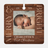 Merry Bright Baby 1e Kerstfoto Houtkorrel Metalen Ornament (Voorkant)