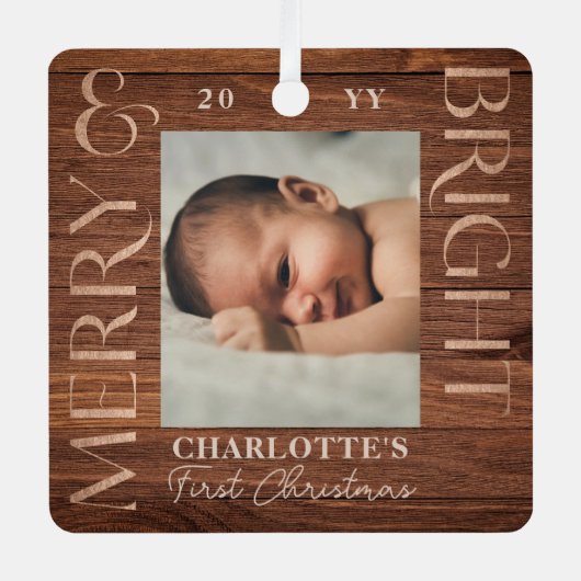Merry Bright Baby 1e Kerstfoto Houtkorrel Metalen Ornament (Voorkant)