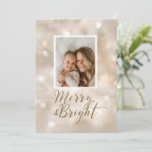 Merry & Bright Beige Gold Christmas Photo Feestdagenkaart (Staand voorkant)