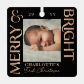 Merry & Bright Black Baby Eerste Kerstfoto's Metalen Ornament (Voorkant)