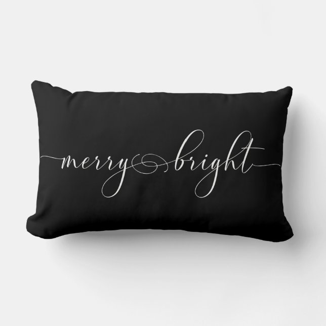 Merry Bright Black Calligraphy Holiday kerst Kussen (Voorkant)
