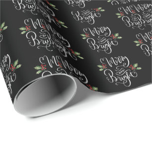 Merry Bright Black White Kerstmis Cadeaupapier