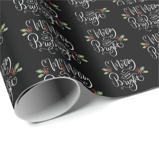 Merry Bright Black White Kerstmis Cadeaupapier (Rol Hoek)
