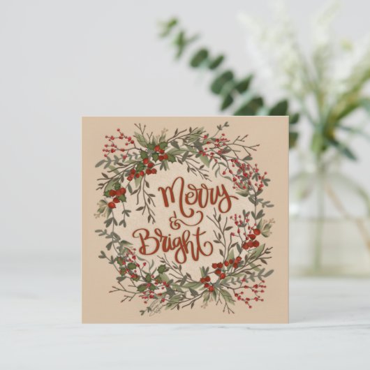 Merry Bright Bloemen Eenvoudige Krans Vakantie Feestdagenkaart (Staand voorkant)