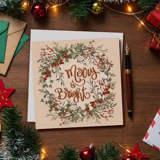 Merry Bright Bloemige Simpele Krans Kerst- Feestdagenkaart