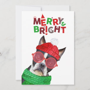 Merry & Bright Boston Terrier Bril Hoed Sjaal  Feestdagenkaart