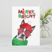 Merry & Bright Boston Terrier Glasses Pet Scarf Feestdagenkaart (Staand voorkant)