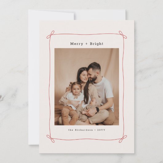 Merry & Bright Bow Ribbon Family Christmas Photo Feestdagenkaart (Voorkant)