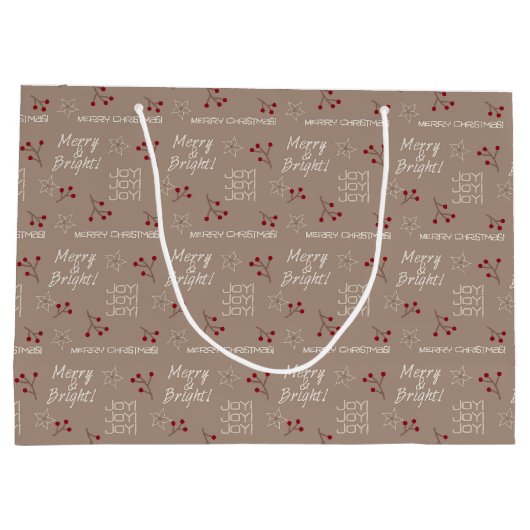 Merry & Bright Brown Gift Bag - Groot, glanzend Large Cadeautasje (Achterkant)