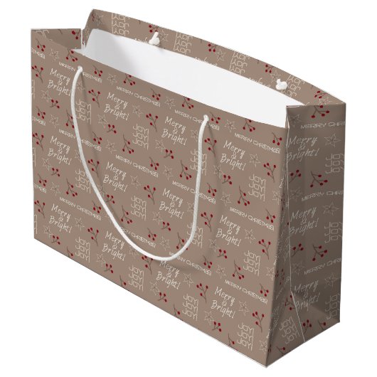 Merry & Bright Brown Gift Bag - Groot, glanzend Large Cadeautasje (Achterkant Gekanteld)
