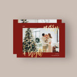 Merry Bright Brush Script Photo Red Folie Feestdagenkaart<br><div class="desc">De kerstkaart kenmerkt moderne borstelscriptkalligrafie.</div>