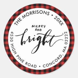 Merry Bright Buffalo Plaid Kerstmis Uw Adres Ronde Sticker