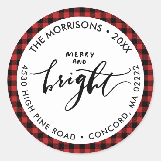Merry Bright Buffalo Plaid Kerstmis Uw Adres Ronde Sticker (Voorkant)