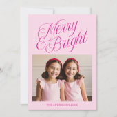 Merry & Bright Calligraphy Roze Foto Feestdagenkaart (Voorkant)