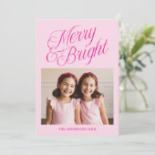 Merry & Bright Calligraphy Roze Foto Feestdagenkaart (Staand voorkant)