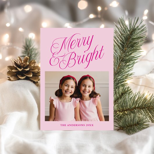 Merry & Bright Calligraphy Roze Foto Feestdagenkaart
