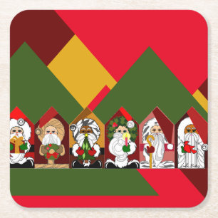 Merry & Bright Cartoon Santas Geometric Christmas Kartonnen Onderzetters