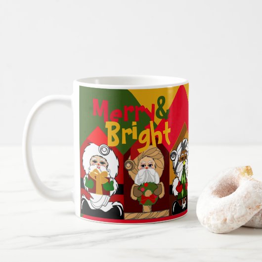 Merry & Bright Cartoon Santas Geometric Christmas Koffiemok (Met donut)