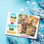 Merry Bright Christmas 4 Foto Collage Magneet Kaar<br><div class="desc">Schattigee en vrolijke familiefoto collage vakantie magnetische kaarten met een kleurrijke streng van kerstverlichting gewikkeld rond uw kinder foto. Moge je dagen vrolijk en helder zijn, geschreven in vetgedrukte letters van lichtblauw naar je familienaam in heet roze op magneten. Een regenboog van kleuren voor de feestdagen. Voeg je favoriete 4...</div>