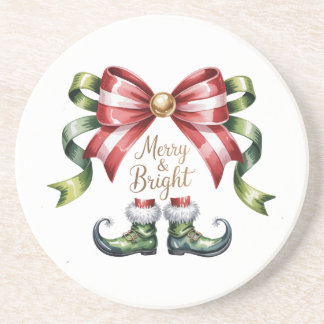 Merry & Bright Christmas Bow & Elf Shoes Coaster Zandsteen Onderzetter