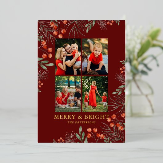 Merry & Bright Christmas Fotocollage Bloemen Folie Feestdagenkaart (Staand Voorkant)