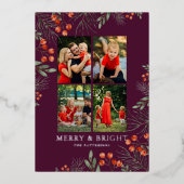 Merry & Bright Christmas Fotocollage Bloemen Folie Feestdagenkaart (Voorkant)