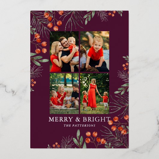 Merry & Bright Christmas Fotocollage Bloemen Folie Feestdagenkaart (Voorkant)