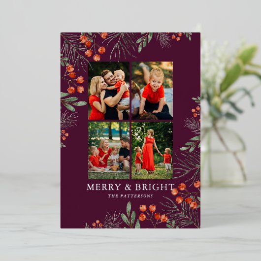 Merry & Bright Christmas Fotocollage Bloemen Folie Feestdagenkaart (Staand Voorkant)