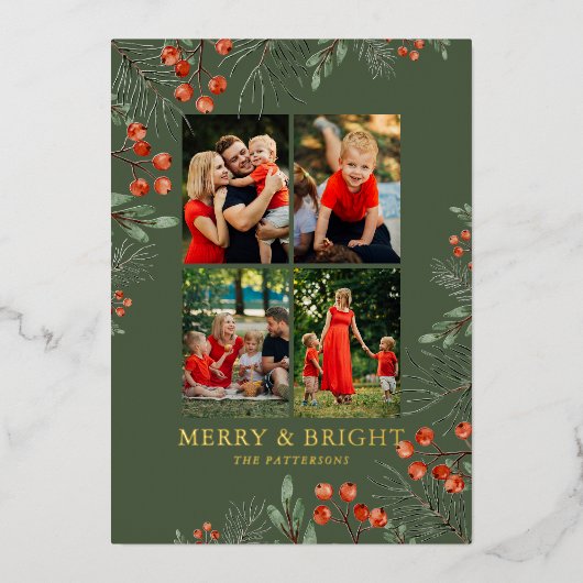 Merry & Bright Christmas Fotocollage Bloemen Folie Feestdagenkaart (Voorkant)