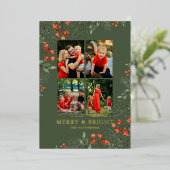 Merry & Bright Christmas Fotocollage Bloemen Folie Feestdagenkaart (Staand Voorkant)