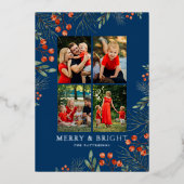 Merry & Bright Christmas Fotocollage Bloemen Folie Feestdagenkaart (Voorkant)