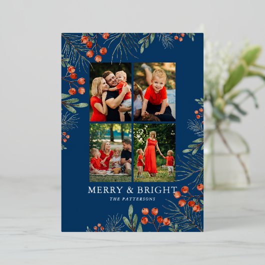 Merry & Bright Christmas Fotocollage Bloemen Folie Feestdagenkaart (Staand Voorkant)