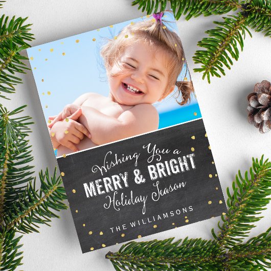 Merry & Bright Christmas Gold Confetti Foto Feestdagenkaart