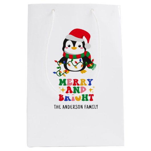 Merry & Bright Christmas Penguin Flat Holiday Kaar Medium Cadeauzakje (Voorkant)